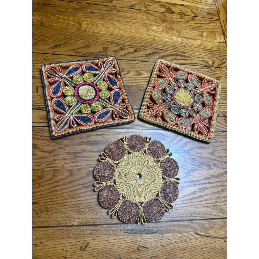 Vintage Wicker Rattan Straw Trivet 3 Hot Pads Boho Colorful MCM Mid Century